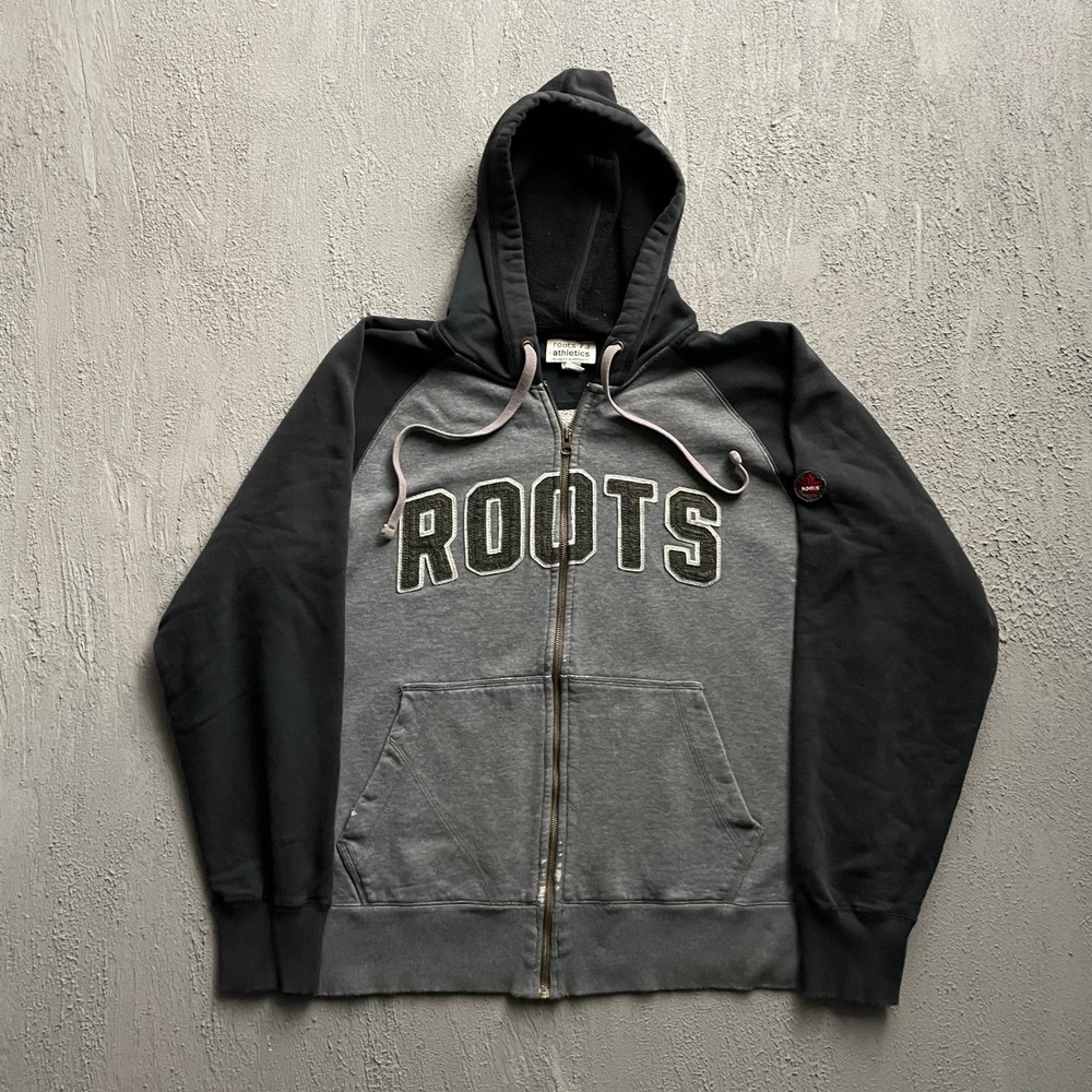 Vintage Raglan Full Zip Hoodie Men XL Grey Y2K Roots 73 Athletics